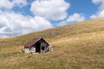 Fototapeta na wymiar Old abandoned shepherd's hut in middle of pasture on slope of Vlasic mountain, walls made of stone and rusty metal sheets on roof