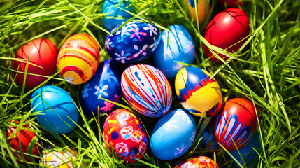Fototapeta na wymiar Colorful Easter eggs placed in green grass - ai generative