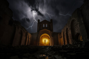 A dramatic scene of a ruined church under lightning, glowing archway amidst destruction, ominous clouds overhead, eerie atmosphere, ai generative