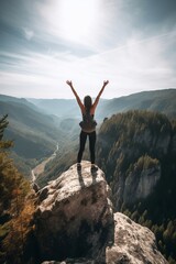 A triumphant woman atop a peak, arms raised, overlooking forested mountains and valleys under a clear sky. Freedom personified, ai generative - obrazy, fototapety, plakaty