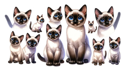 set of watercolor cute Siamese cat isolated on transparent background