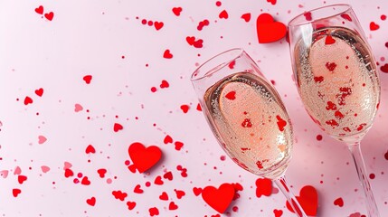 Two glasses. Two clinking champagne glasses with splashes of red heart-shaped confetti. Overhead view, copy space. Valentine's Day concept.