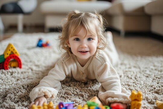 A girl with toys all around her plays on the carpet in the living room, Generative AI.