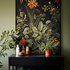 interior entry table with painting of florals and plants 
