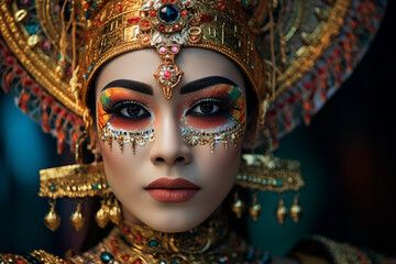 Generative AI picture of person adorned with facial tattoos of traditional art elebrating festival