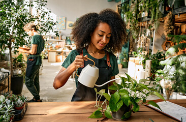 Work in a plant shop. In the foreground, a beautiful African-American woman is watering a flower pot from a white metal watering can, in the background, a man is tending to indoor plants. - Powered by Adobe