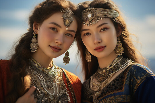 Portrait made with generative AI of charming mongolian two girls in traditional dress