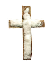 old wooden cross covered with ice and snow on transparent background