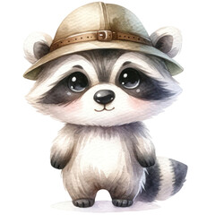 watercolor cute safari raccoon isolated on transparent background