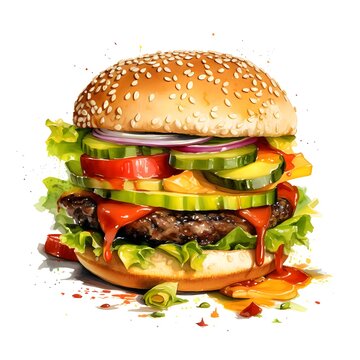 Hamburger, cheeseburger, chicken burger, burger with lettuce, cheese, bacon, pickle, tomato, sauce, onion. Drawn.Illustration, white isolated background.