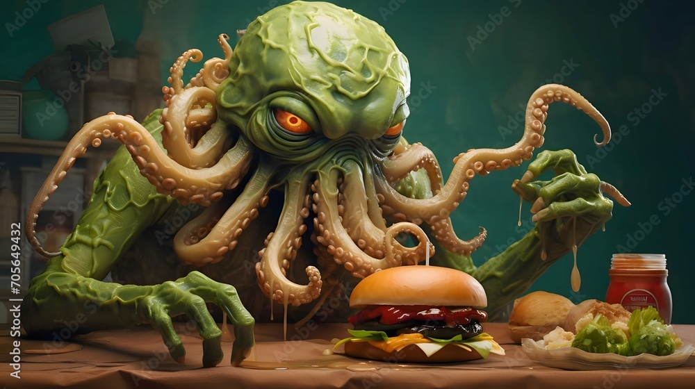 Wall mural Monster, octopus-head, table with hamburger and sauce dark background. Illustration.