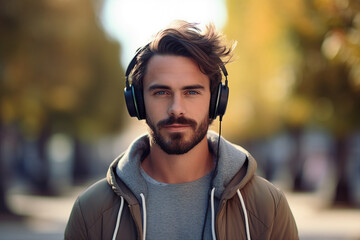 Handsome nice man in headphones listening to music relaxing outdoors generative ai