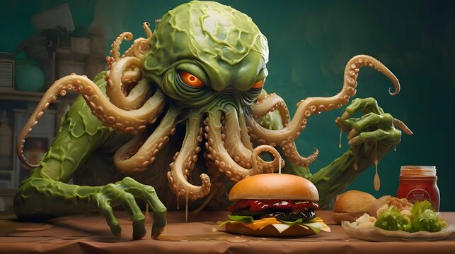 Monster, octopus-head, table with hamburger and sauce dark background. Illustration.