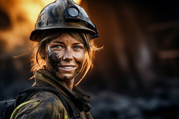 Portrait of a young woman miner in protective clothing on the background of a coal mine