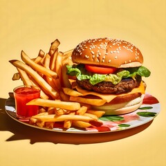 Hamburger, cheeseburger, chicken burger, burger with lettuce, cheese, bacon, pickle, tomato, sauce, onion. Illustration, solid background, fries, ketchup.