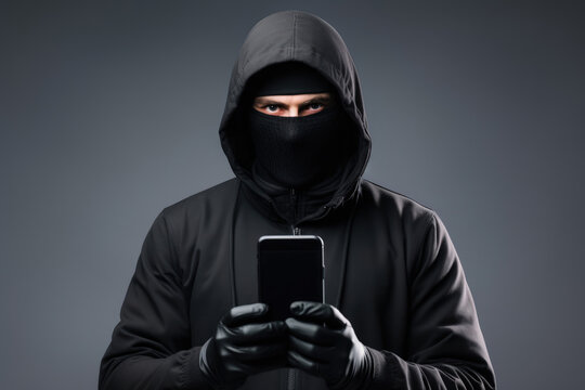 Male criminal hacker in black clothes and balaclava with phone in hand, phone scam concept