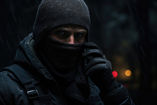 Criminal hacker in black clothes and face mask with phone in hand, phone fraud concept