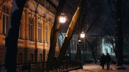 Night city street with lanterns and trees in winter. .