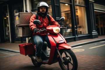 Fototapeta na wymiar Delivery man, courier moto scooter driver