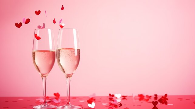 Two glasses. Two clinking champagne glasses with splashes of red heart-shaped confetti. Overhead view, copy space. Valentine's Day concept.