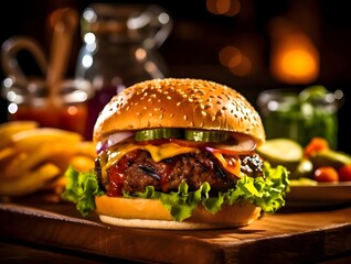 Hamburger, cheeseburger, chicken burger, burger with lettuce, cheese, bacon, pickle, tomato, sauce, onions and fries. Photo, elegantly arranged and decorated on a wooden board, blurred background.