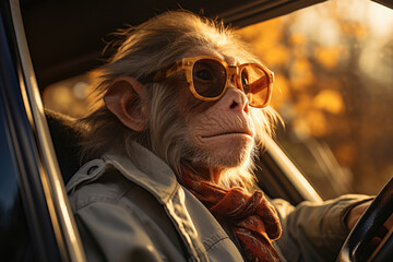 Serious monkey driving a car
