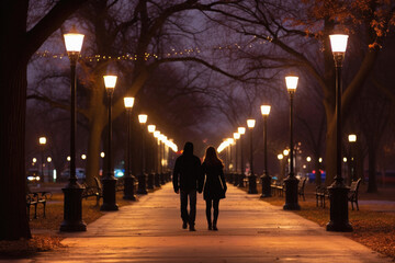 Couple walking in the park at night with lanterns in the background.