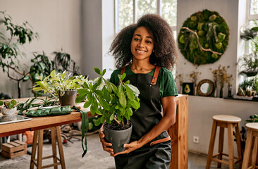 Beautiful smiling woman florist gardener professional in green t-shirt and apron holding pot with avocado plant and smiling looking at camera. Cultivation and sale of plants. - Powered by Adobe