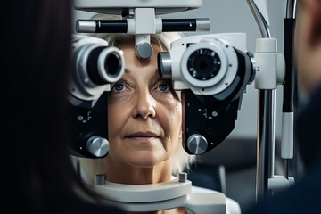 Patient elderly lady on oculist examination eyesight checkup generative AI concept