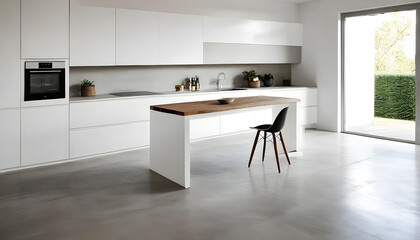 Concrete floor white kitchen with table