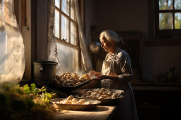 Fototapeta na wymiar An older woman with wisdom in her face carefully sorts potatoes in a rustic kitchen, with sunlight streaming through the window accentuating the timeless scene. 