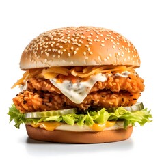 Hamburger, cheeseburger, chicken burger, burger with lettuce, cheese, bacon, pickle, tomato, sauce, onion.Photo. White isolated background.