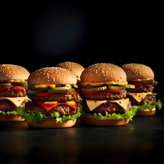 Five burgers, cheeseburgers, chicken burgers, burgers with lettuce, cheese, bacon, pickle, tomato, sauce, onions. Dark background.