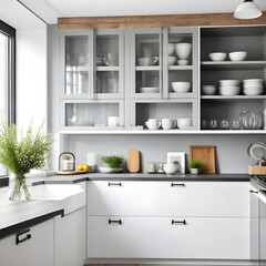 Gray kitchen, glass cabinet with clean dishes and decor. Scandinavian style kitchen interior. Organization of storage in kitchen