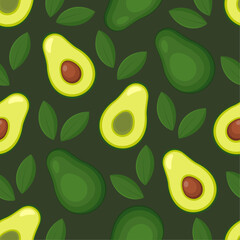 Avocado vector seamless pattern. Cut slices and green leaves on dark background. Best for textile, wallpapers, kitchen decoration, wrapping paper, package and web design.