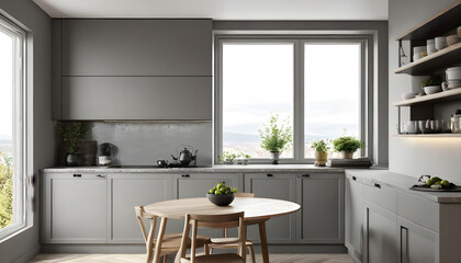 Gray kitchen, glass cabinet with clean dishes and decor. Scandinavian style kitchen interior. Organization of storage in kitchen.