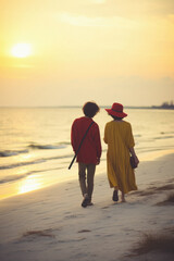 Young couple walking on the beach at the sunset. Back view.