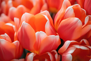 Close up of red and white coral tulips fields