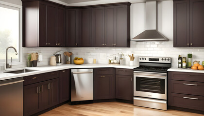 illustration of a modern kitchen with dark colored cabinets and a stainless steel stove