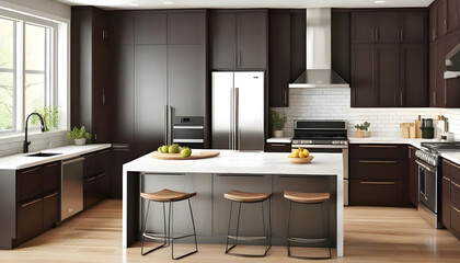 illustration of a modern kitchen with dark colored cabinets and a stainless steel stove