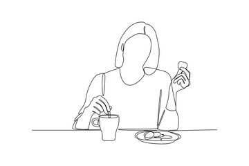 Woman breakfast with bread and tea. Meal minimalist concept