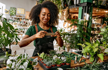 Beautiful smiling confident professional african american woman florist entrepreneur takes a photo on her phone of a container with many succulents for sale online. Small business. Content,marketing.