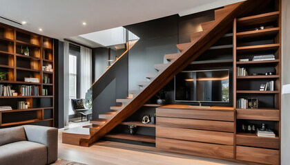 Luxury contemporary interior design in a multi storey home with sleek wooden stairs and custom cabinets under them for storage
