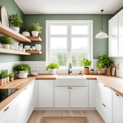 Modern kitchen interior with white furniture and wood countertops cabinets shelves and cupboards. Green pot plants big window. Farmhouse country house design ideas