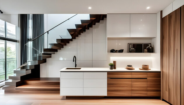 Luxury contemporary interior design in a multi storey home with sleek wooden stairs and custom cabinets under them for storage