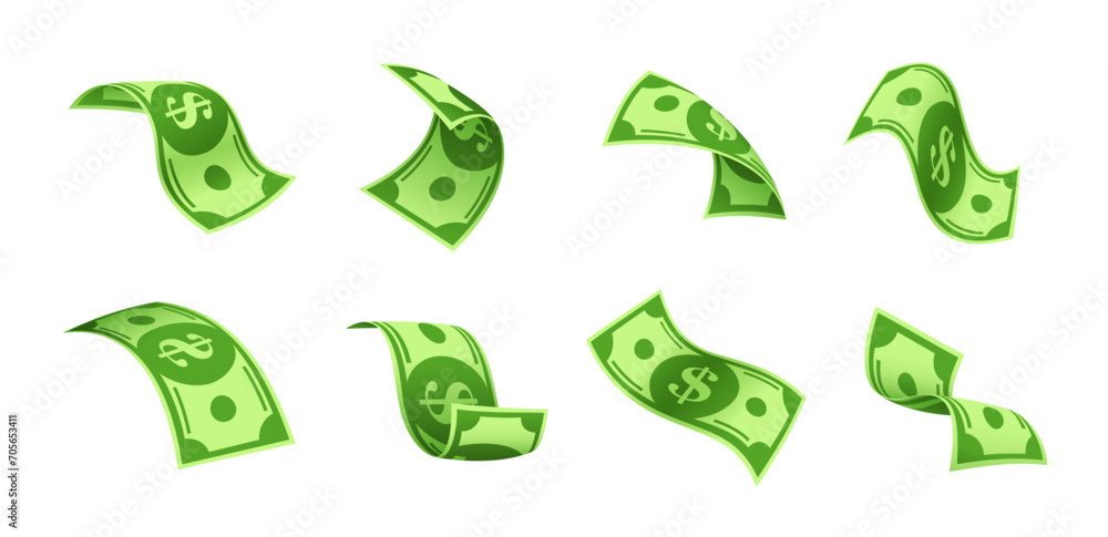 Wall mural flying cartoon cash banknotes or floating dollar money bills, vector paper currency. falling or flyi