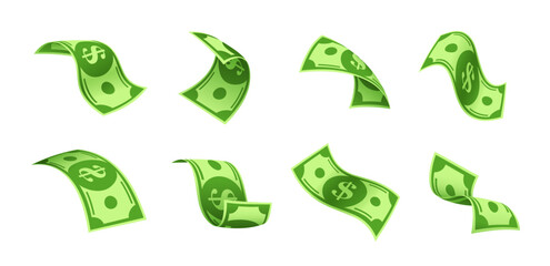 Flying cartoon cash banknotes or floating dollar money bills, vector paper currency. Falling or flying green banknotes with dollar sign for finance payment, business success or investment and banking © Buch&Bee