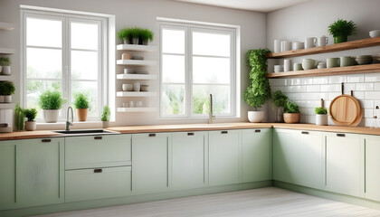 Naklejka na ściany i meble Modern kitchen interior with white furniture and wood countertops cabinets shelves and cupboards. Green pot plants big window. Farmhouse country house design ideas