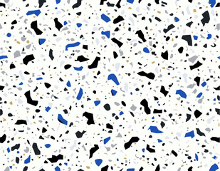 Blue, black, white and grey terrazo ceramic tile pattern of light blue terazo mosaic, vector background. Terrazzo marble stone floor texture of abstract mosaic stone shapes in seamless pattern