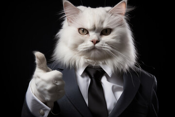 Cat businessman in suit showing thumbs up gesture